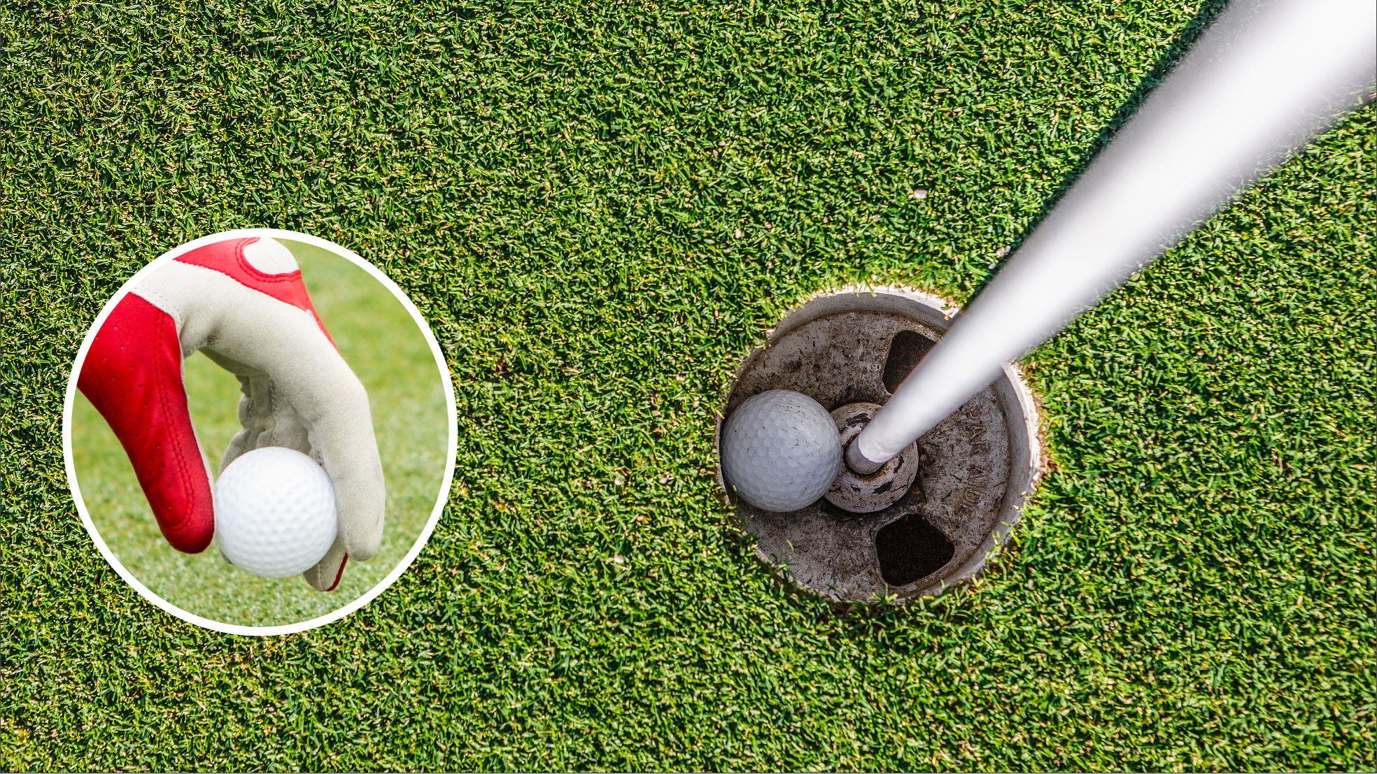 a golf ball in the cup with an inset of a glove dropping a ball indicating cheating