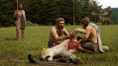 An illustration of Neanderthals butchering the freshly killed cave lion from Siegsdorf. 