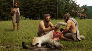An illustration of Neanderthals butchering the freshly killed cave lion from Siegsdorf.