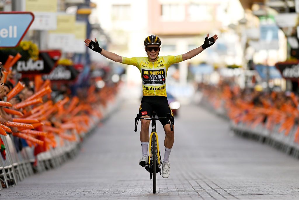 EIBAR SPAIN APRIL 08 Jonas Vingegaard of Denmark and Team Jumbo Visma Yellow Leader Jersey celebrates at finish line as race winner during the 62nd Itzulia Basque Country Stage 6 a 1378km stage from Eibar to Eibar UCIWT on April 08 2023 in Eibar Spain Photo by David RamosGetty Images