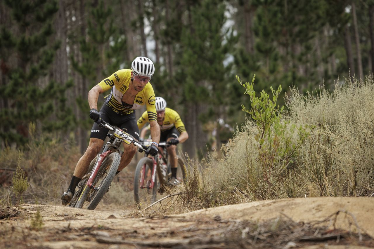 Filippo Colombo and Nino Schurter during Stage 5 of the 2025 Absa Cape Epic Mountain Bike stage race held from Fairview, Paarl, to Lourensford Wine Estate, Somerset West, Cape Town, South Africa on the 21st March 2025. Photo by Nick Muzik/Cape Epic
PLEASE ENSURE THE APPROPRIATE CREDIT IS GIVEN TO THE PHOTOGRAPHER AND ABSA CAPE EPIC