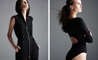Two images, Left-model wearing black zip up hoodie, Right- Model wearing black leotard