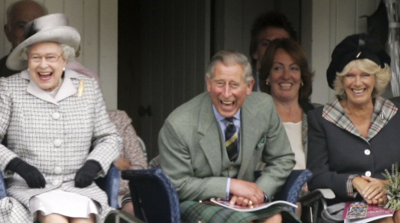 Queen Elizabeth II, King Charles, and Queen Camilla burst out laughing