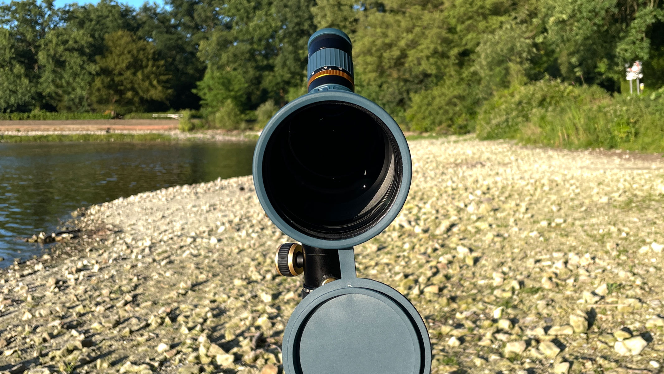 A close up of the objective lens of the Nocs Provisions Long View 85mm spotting scope.