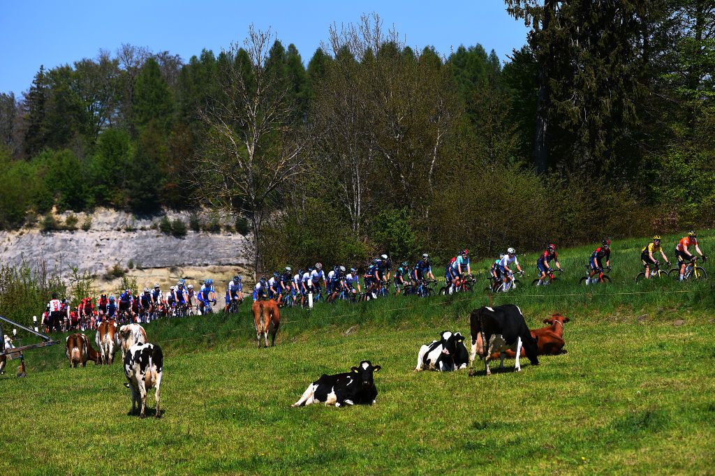 ROMONT SWITZERLAND APRIL 27 A general view of Ethan Hayter of United Kingdom and Team INEOS Grenadiers turquoise leader jersey Rohan Dennis of Australia and Team Jumbo Visma orange points jersey and the peloton passing through a landscape during the 75th Tour De Romandie 2022 Stage 1 a 178km stage from La Grande Beroche to Romont 777m TDR2022 on April 27 2022 in Romont Switzerland Photo by Dario BelingheriGetty Images