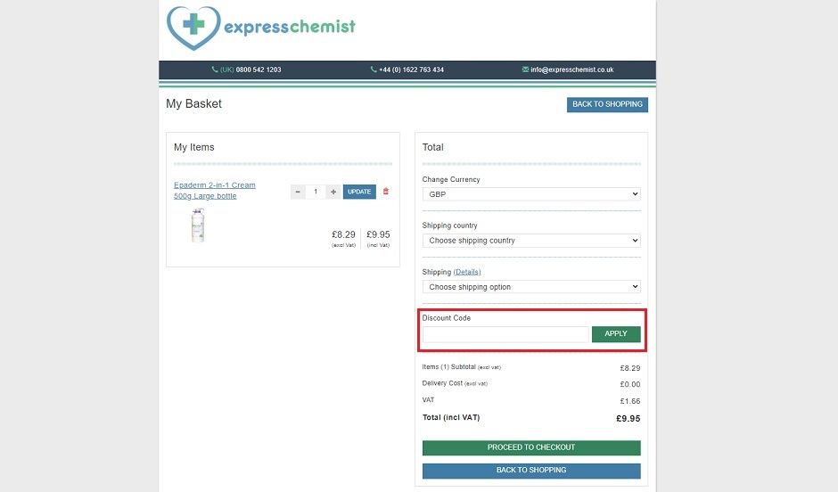Express Chemist checkout process with a red box around 'discount code''