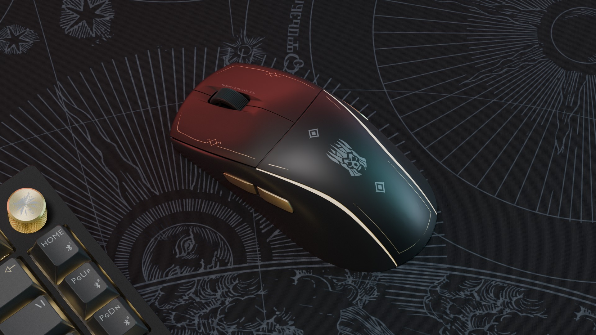 Corsair M75 Wireless gaming mouse and corner of keyboard from The Witcher 3: Wild Hunt collection
