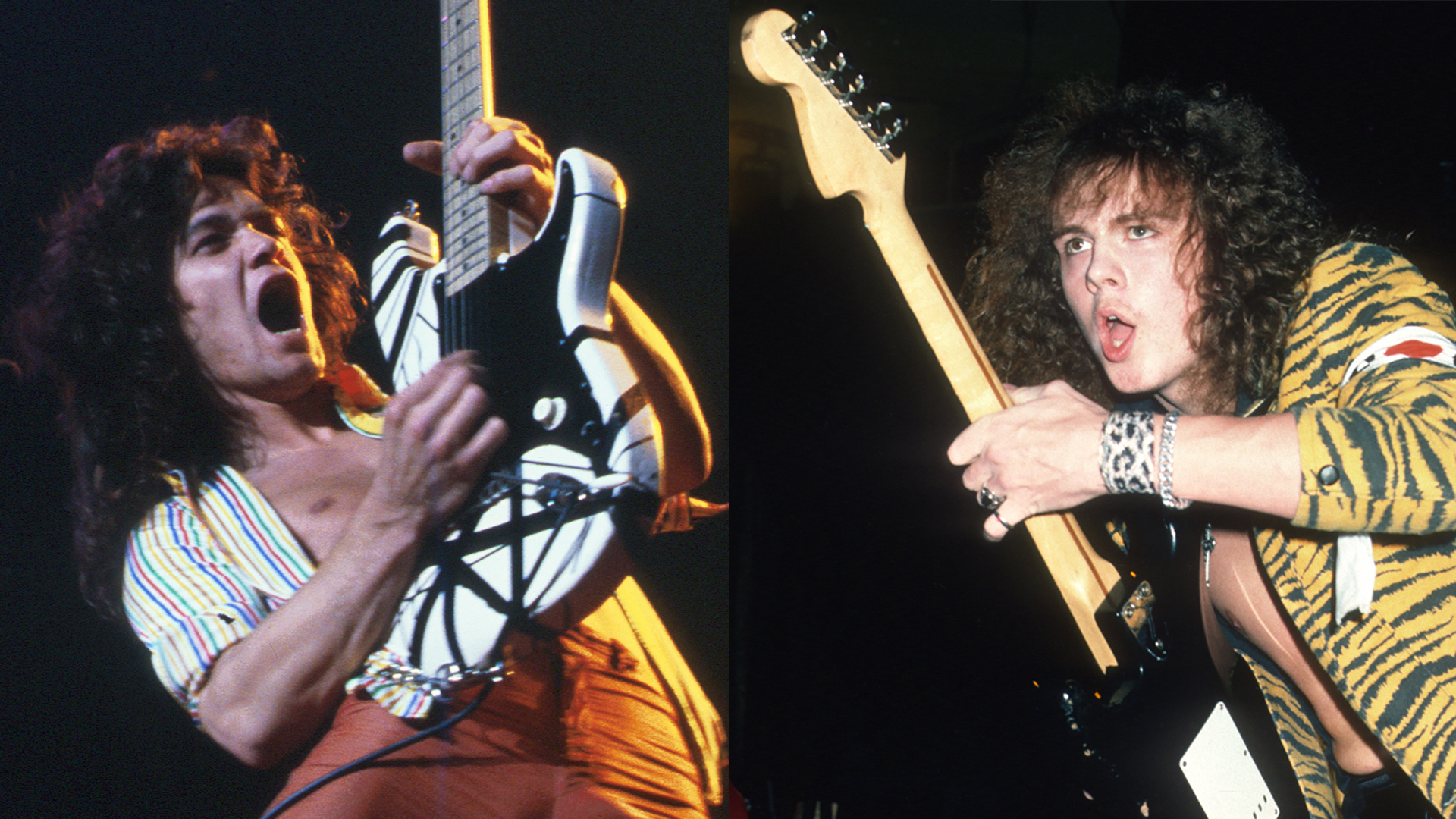 LEFT: Eddie Van Halen performs with a Strat-style white guitar with black stripes. RIGHT: Yngwie Malmsteen plays electric guitar as he performs onstage, mid-1980s.