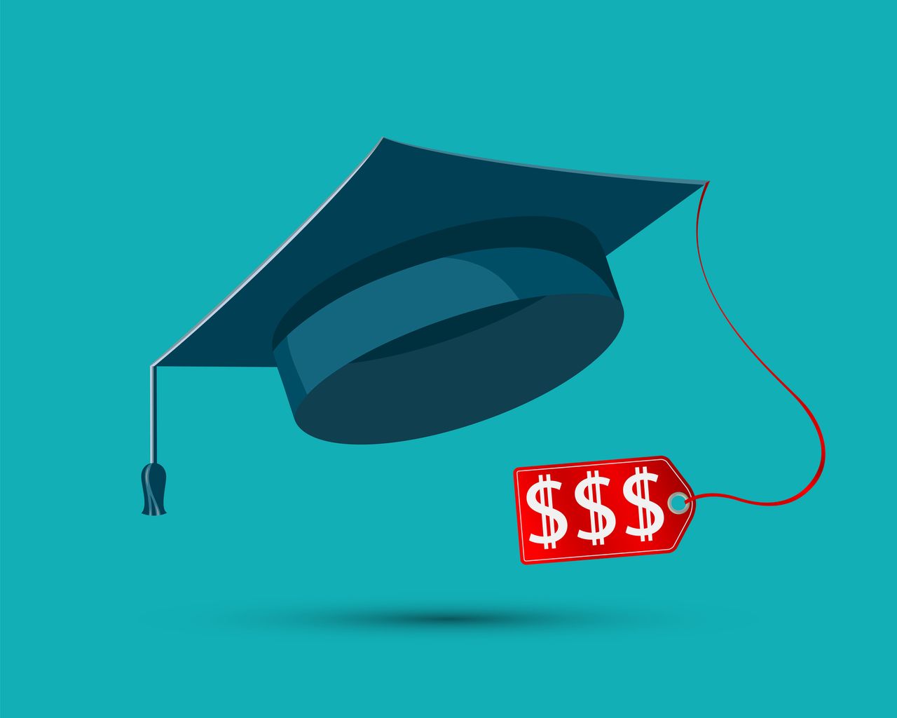 A drawn image of a graduation cap with a price tag attached. 