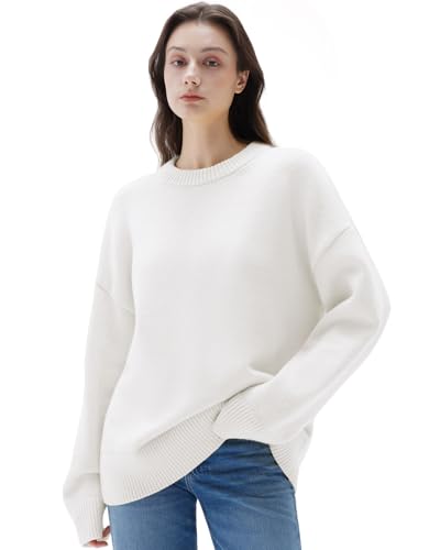 Suuksess Cashmere Women Oversized Long Sleeve Pullover Sweater 2025 Fall Winter Crew Neck Jumper Tops (white,m)