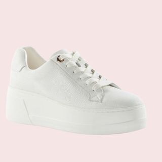 flat lay of white trainers on pink background