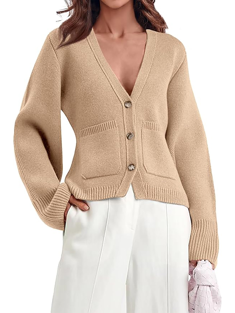 Saodimallsu, Saodimallsu Womens Cropped Cardigan Sweaters Open Front Button Down Long Sleeve Deep V Neck Coats Khaki