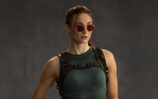 Sophie Turner in costume as Lara Croft.