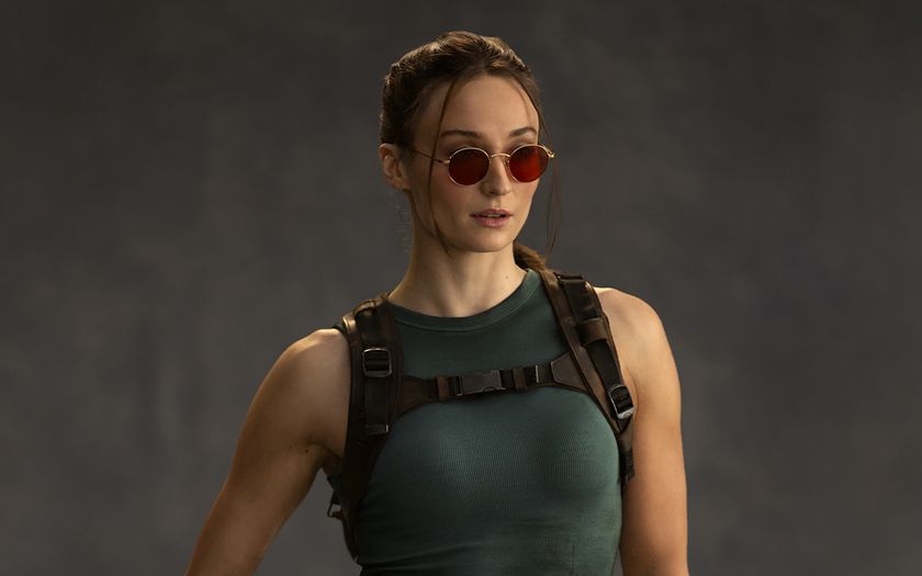 Sophie Turner in costume as Lara Croft.