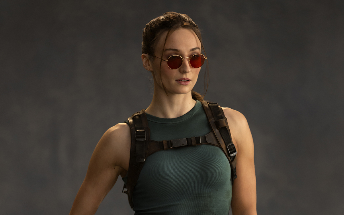 Sophie Turner in costume as Lara Croft.