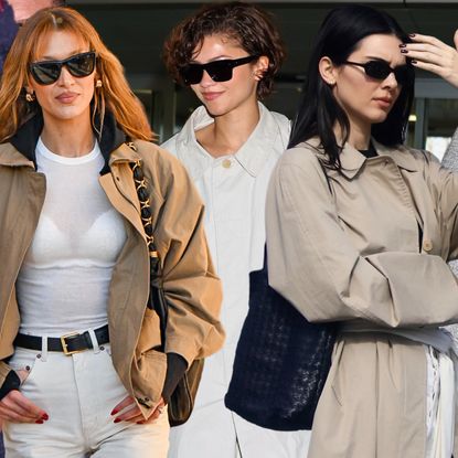 collage of celebrities wearing the spring uniform of a camel jacket and flats