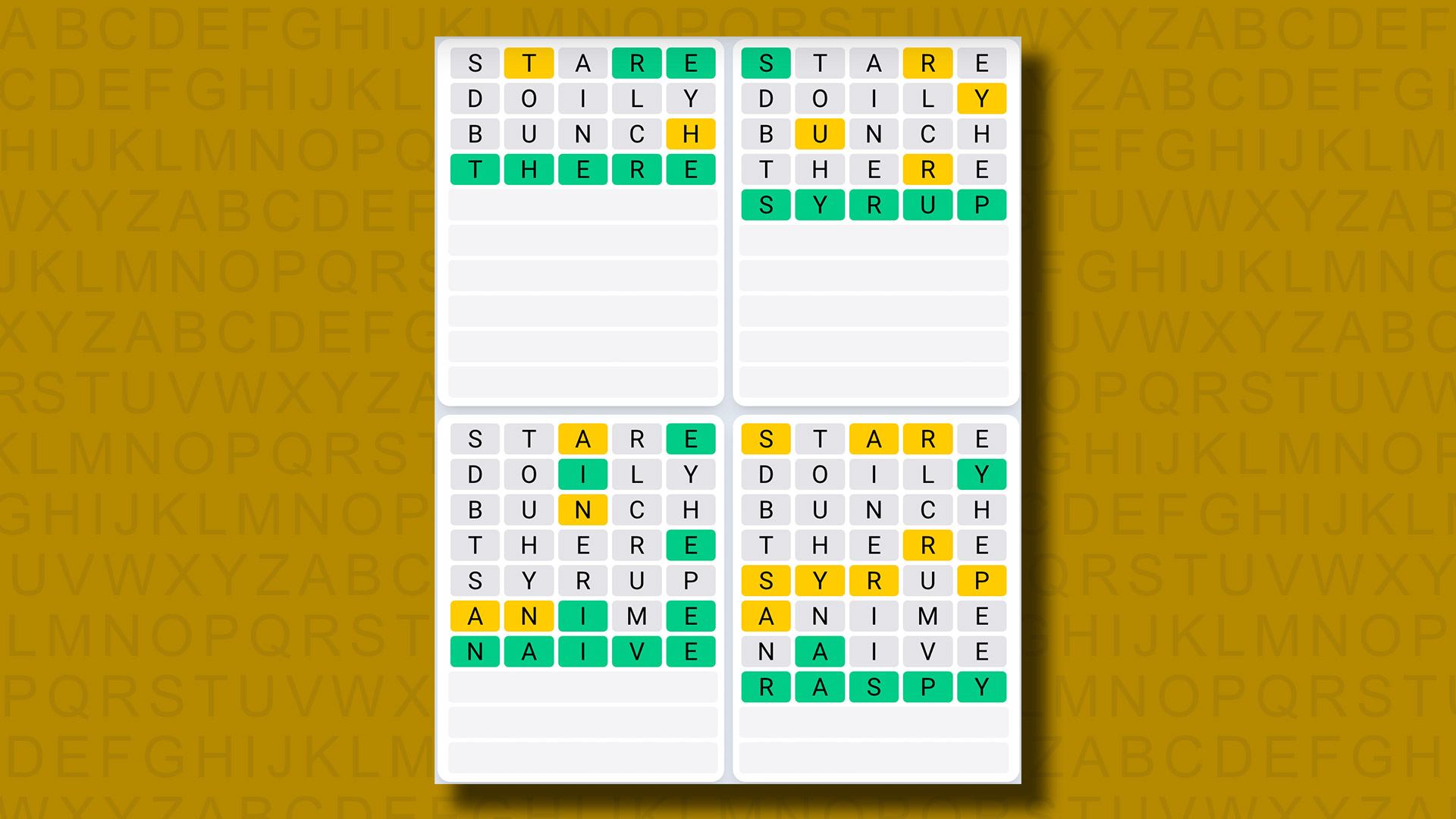 Quordle Daily Sequence Answers for Game 935 on a Yellow Background