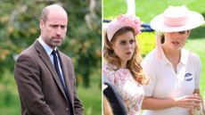 A composite of a picture of Prince William looking solemn in 2025 and Princesses Beatrice and Eugenie at Ascot in 2024
