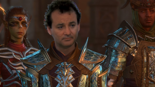 An image of Bill Murray's character from Groundhog day superimposed over a screenshot from Baldur's Gate 3.