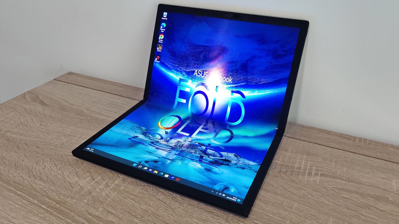 Asus Zenbook 17 Fold OLED review: foldable laptop screen on a wooden desk