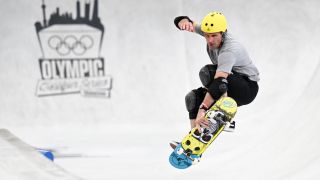 Andrew Macdonald of Great Britain competes during the Skateboarding Men&#039;s Park Prelims Heat 4 on on day two during the Olympic Qualifier Series ahead of the 2024 Paris Olympics