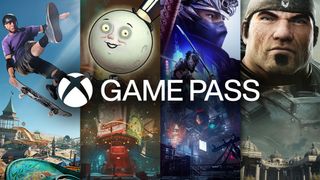 Centre text reading "Game Pass" with the Xbox logo to the left of it. The background consists of several games such as Tony Hawks, Gears of War, Ninja Gaiden and The Outer Worlds 2.