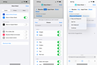 Set of screenshots showing the various views of the Share Sheet features in Shortcuts.