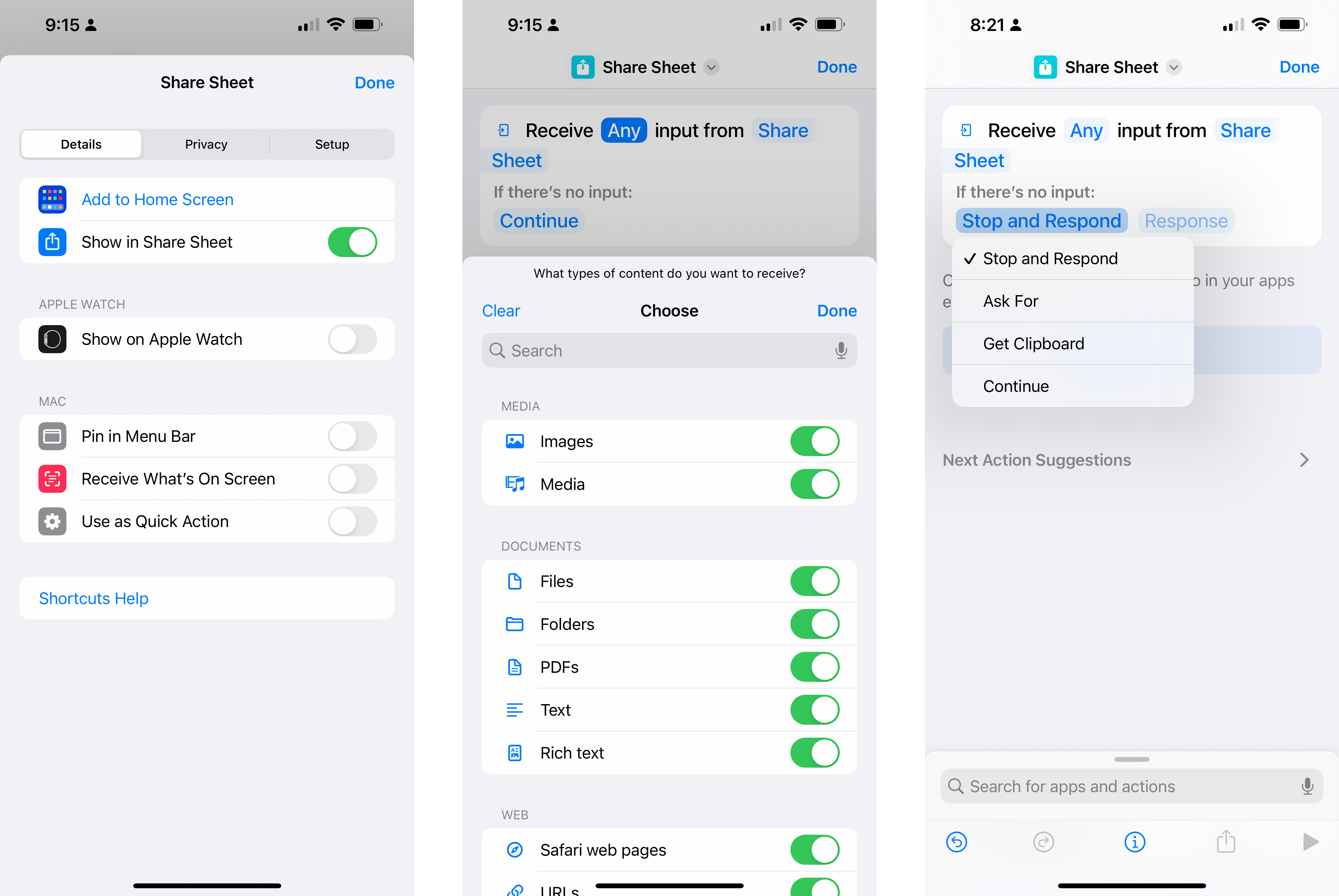 Set of screenshots showing the various views of the Share Sheet features in Shortcuts.