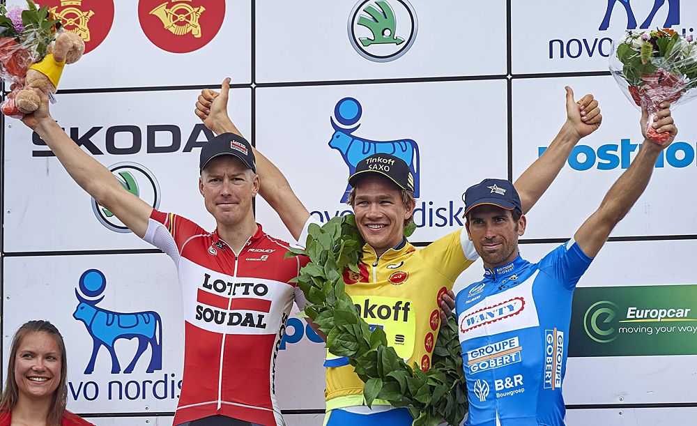 Chris Juul-Jensen (Tinkoff-Saxo) celebrates winning the yellow jersey at the Tour of Denmark