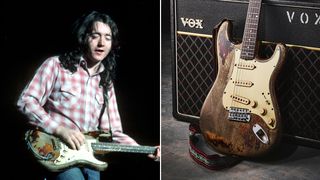 Photo of Rory Gallagher and his 1961 Fender Stratocaster