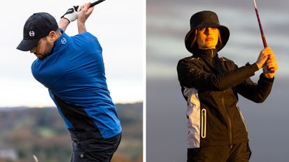 Man and women hitting golf shots wearing Ping SensorDry jackets