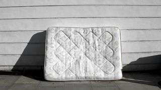 A mattress leans against the side of a building in bright sunlight to dry off after being deep cleaned with a Rug Doctor