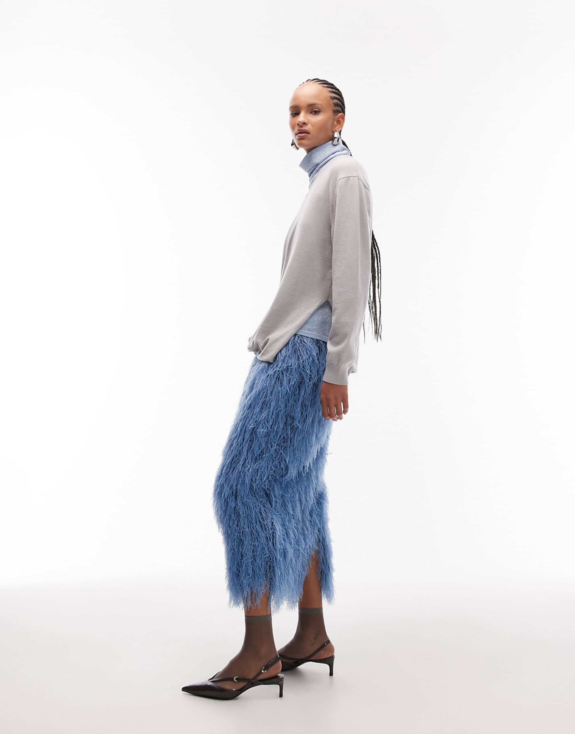 Asos Design 3d Fringe Pencil Midi Skirt in Blue