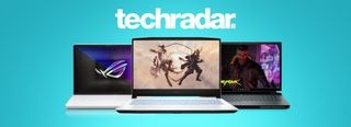 Various gaming laptops from Acer, MSI, and Alienware on teal background with TechRadar logo