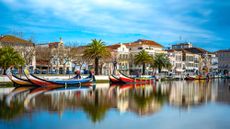 Colourful boats lining the canals of Aveiro, Portugal