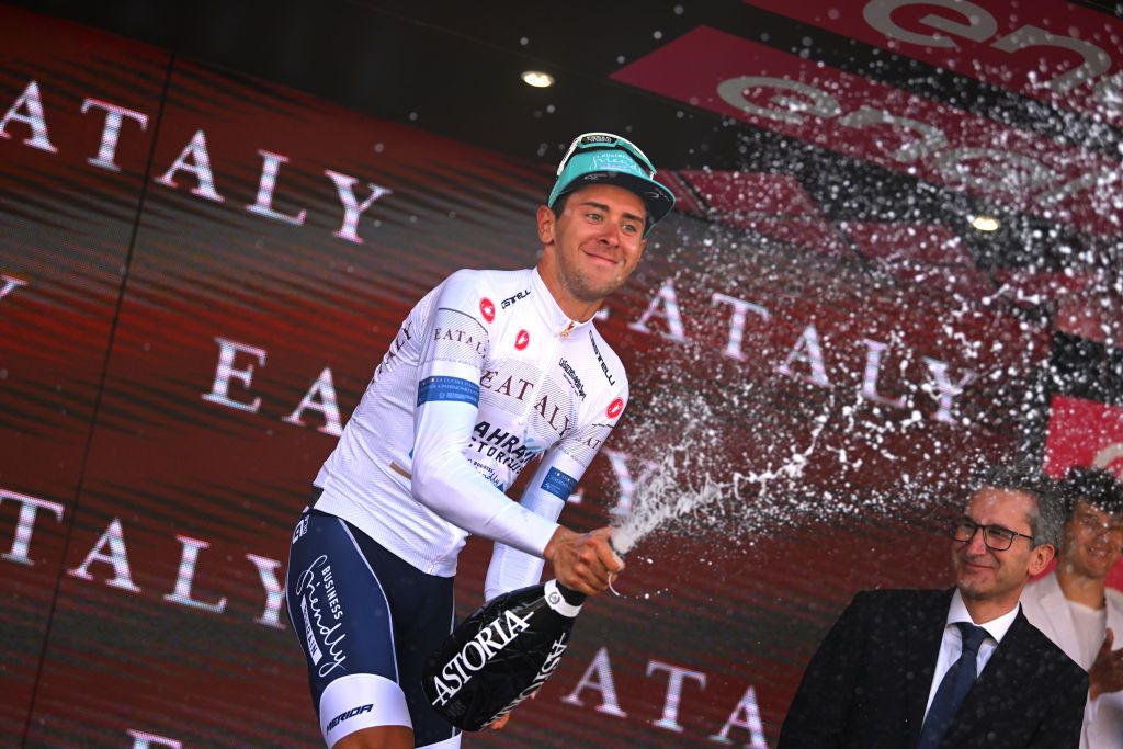 FANO ITALY MAY 16 Antonio Tiberi of Italy and Team Bahrain Victorious celebrates at podium as White best young jersey winner during the 107th Giro dItalia 2024 Stage 12 a 193km stage from Martinsicuro to Fano UCIWT on May 16 2024 in Fano Italy Photo by Dario BelingheriGetty Images