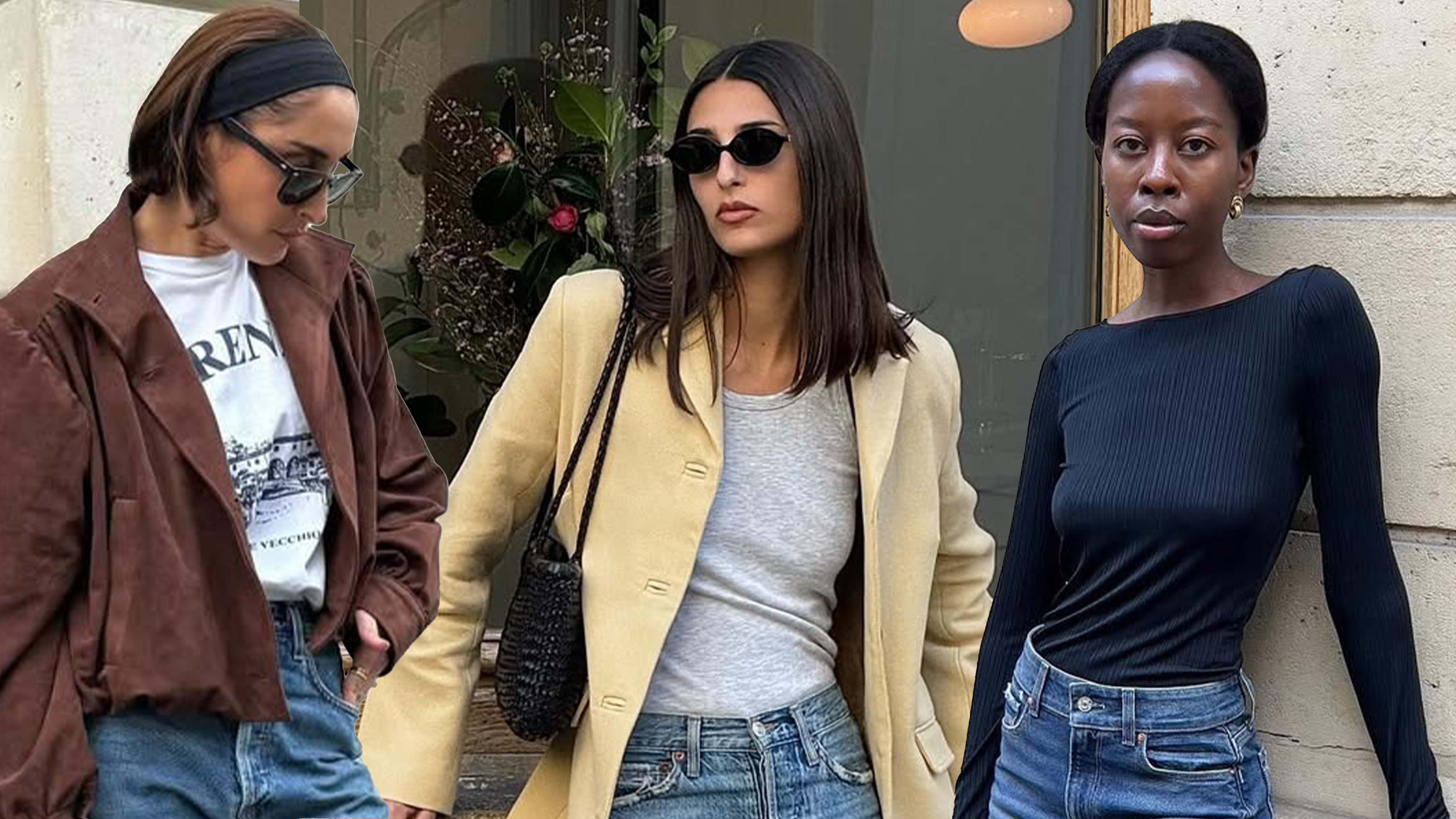 @erinoffduty in a graphic tee and suede jacket. @salome.mory in a grey tank and suede blazer. @sylviemus_ in a navy long-sleeve boatneck top.