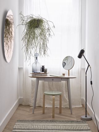 home office with white scheme, curtain and small wooden desk by john lewis and partners