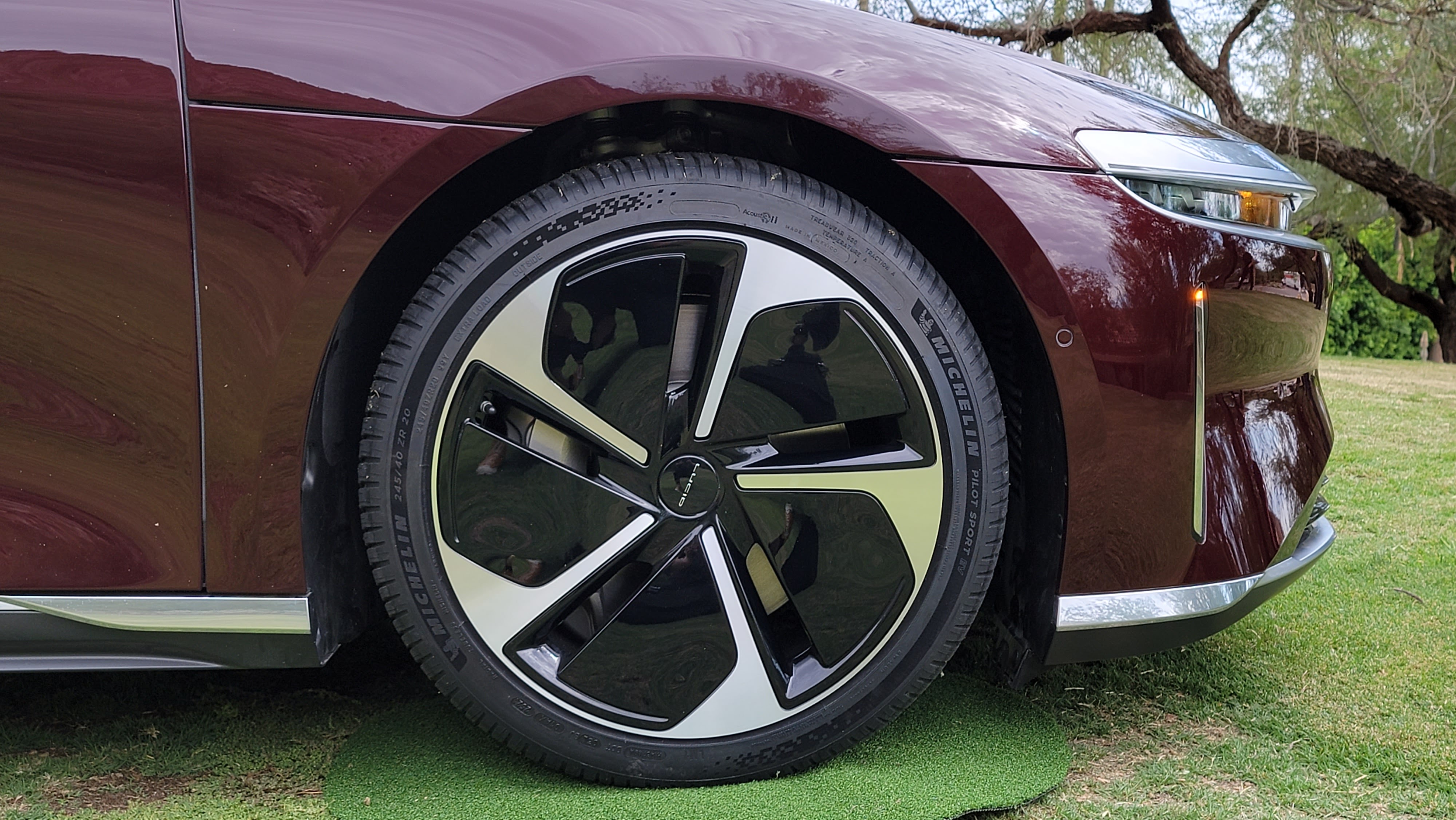 Close-up of alloy wheel on Lucid Air