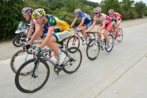 Ryan Anderson (Kelly Benefit Strategies) leads the breakaway riders during stage four.