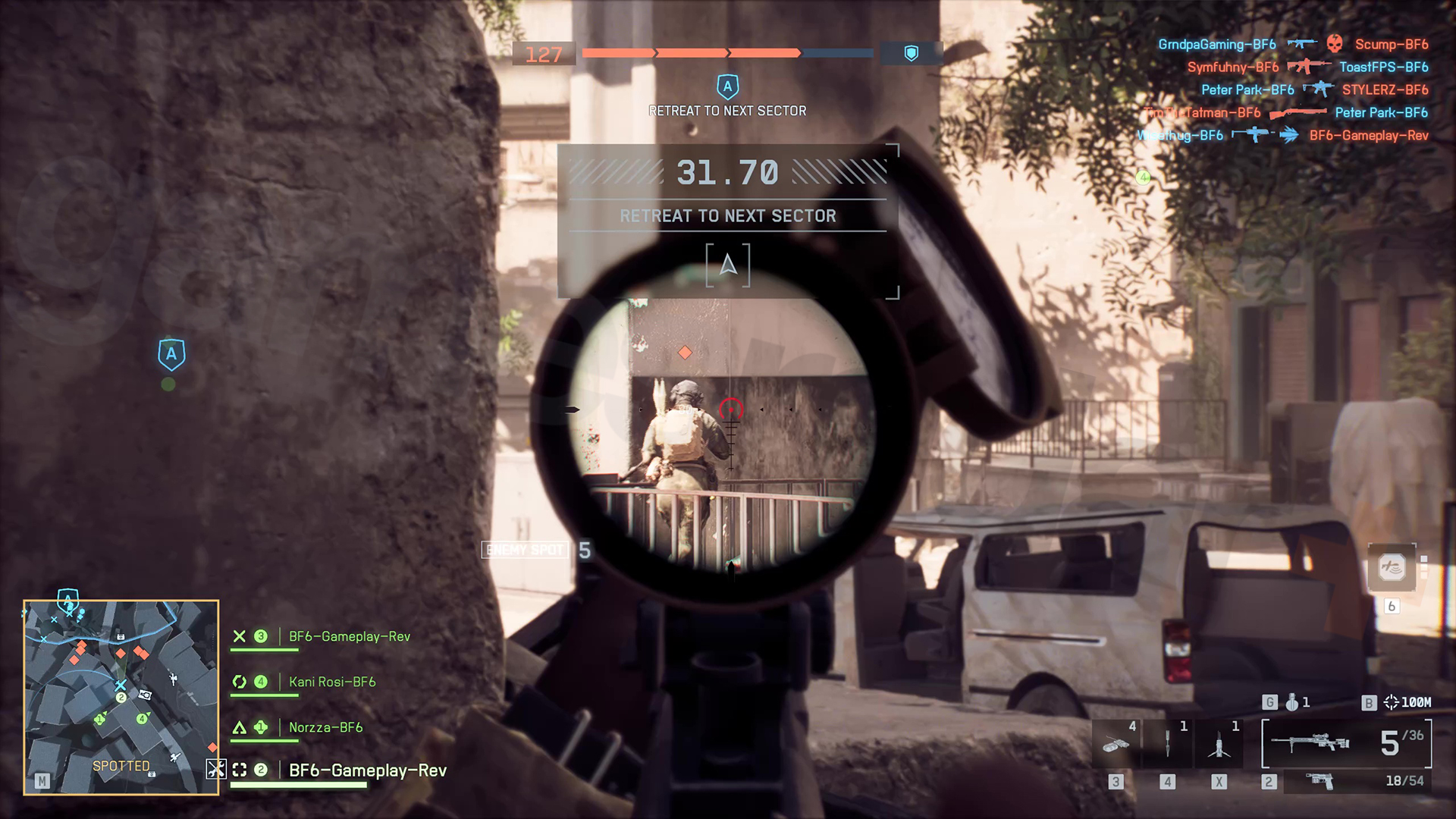 A player lines up a sniper kill with the Battlefield 6 Recon build