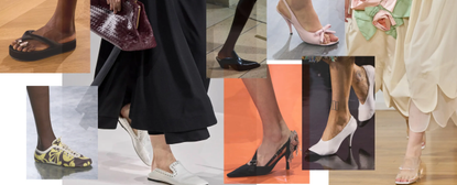 a collage of the spring 2026 shoe trends at Bottega Veneta, Victoria Beckham, Prada, Dior, Chanel, and Simone Rocha