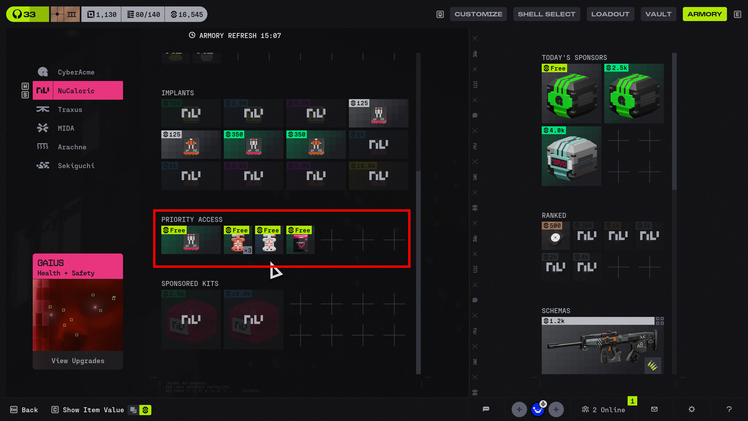 Marathon Priority Access: A red box highlights the Priority Access section of the Armory.