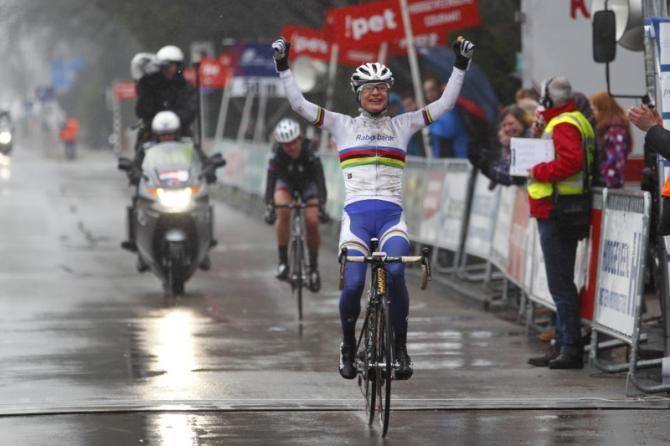 She was delighted - Marianne Vos (Rabo Women) makes it three in a row at Drenthe.