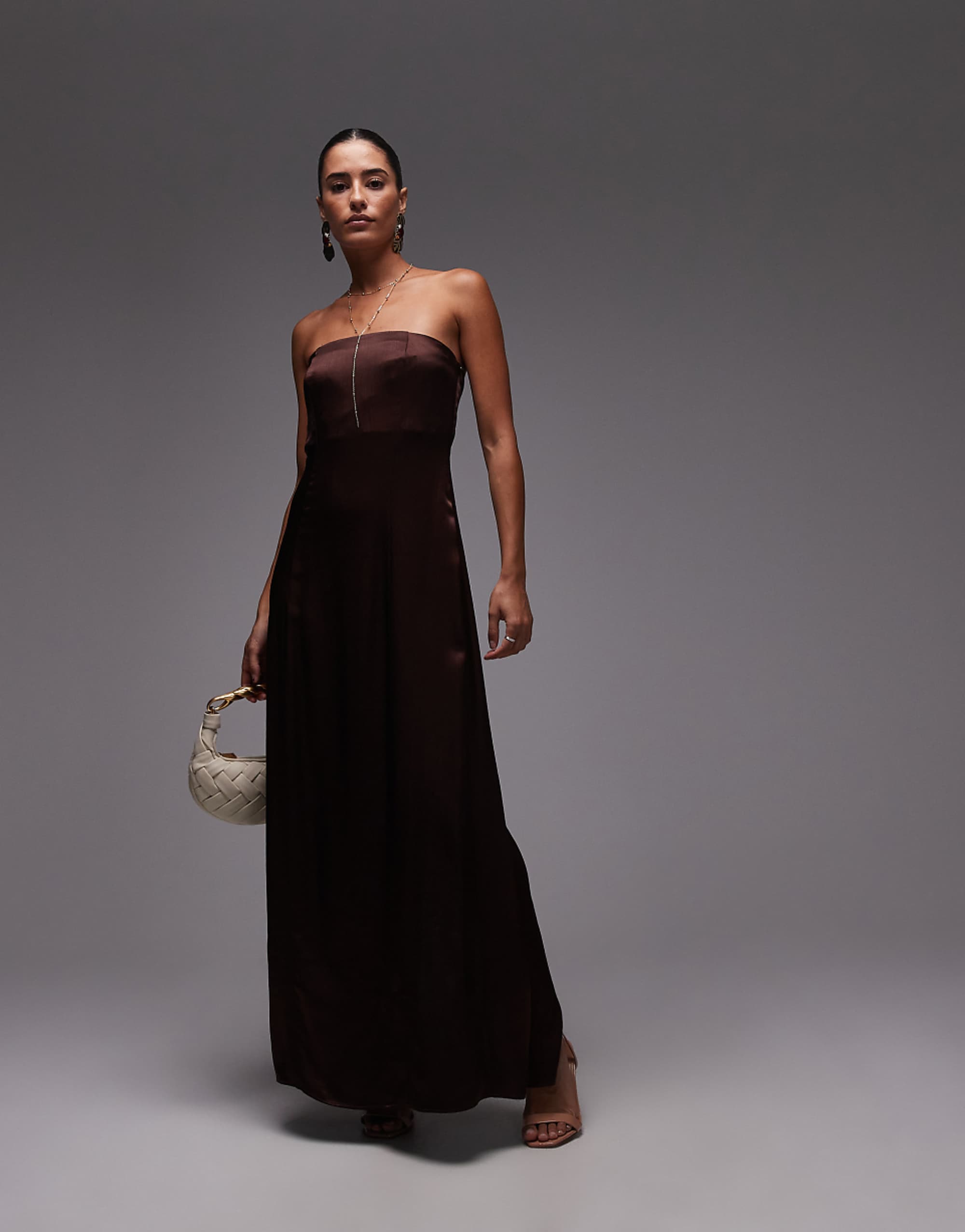 Topshop Satin Bandeau Midi Dress in Chocolate