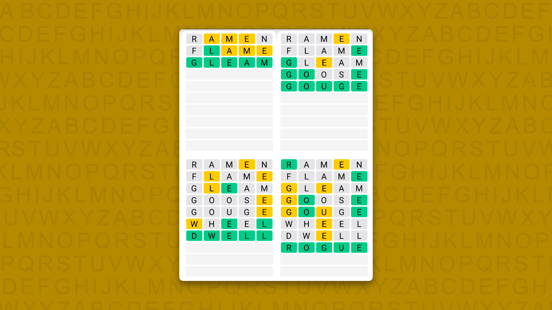 Quordle answers for game 1706 on a yellow background