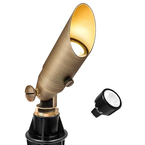 Gkoled Low Voltage Solid Brass Led Spotlight With Mr8 Bulb, Outdoor Waterproof Landscape Lighting, Adjustable Uplights With Stake for House Garden Trees Lawn Patio Yard Fence, 3w 12v 180lm 2700k
