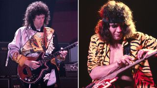 Brian May (left) and Eddie Van Halen performing onstage in the early 1980s