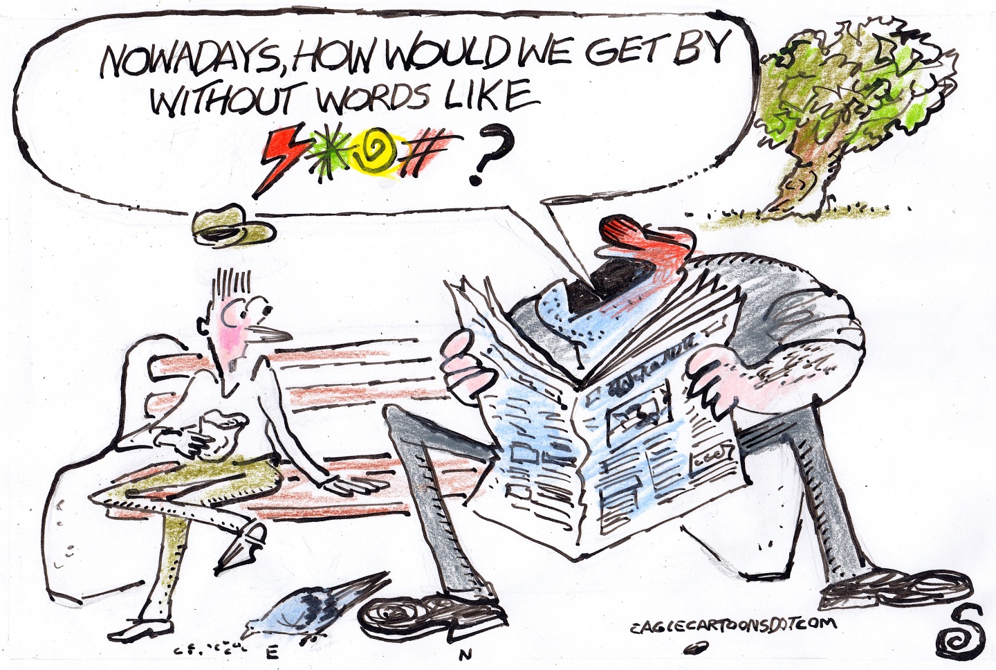 This editorial cartoon is set outside where two men sit on a park bench. One man, red-faced and angry, is reading a newspaper. The other man looks surprised. The man reading the newspaper says, “Nowadays, how would we get by without words like” and then a bunch of symbols to represent cuss words.