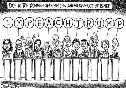 Political Cartoon U.S. Democratic Debate Talk Impeach Trump